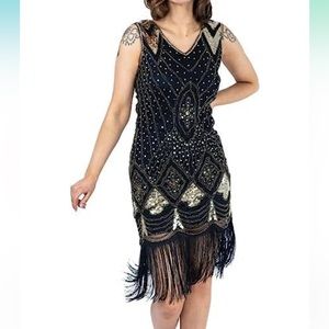 Elegant Black and Gold Fringe Dress